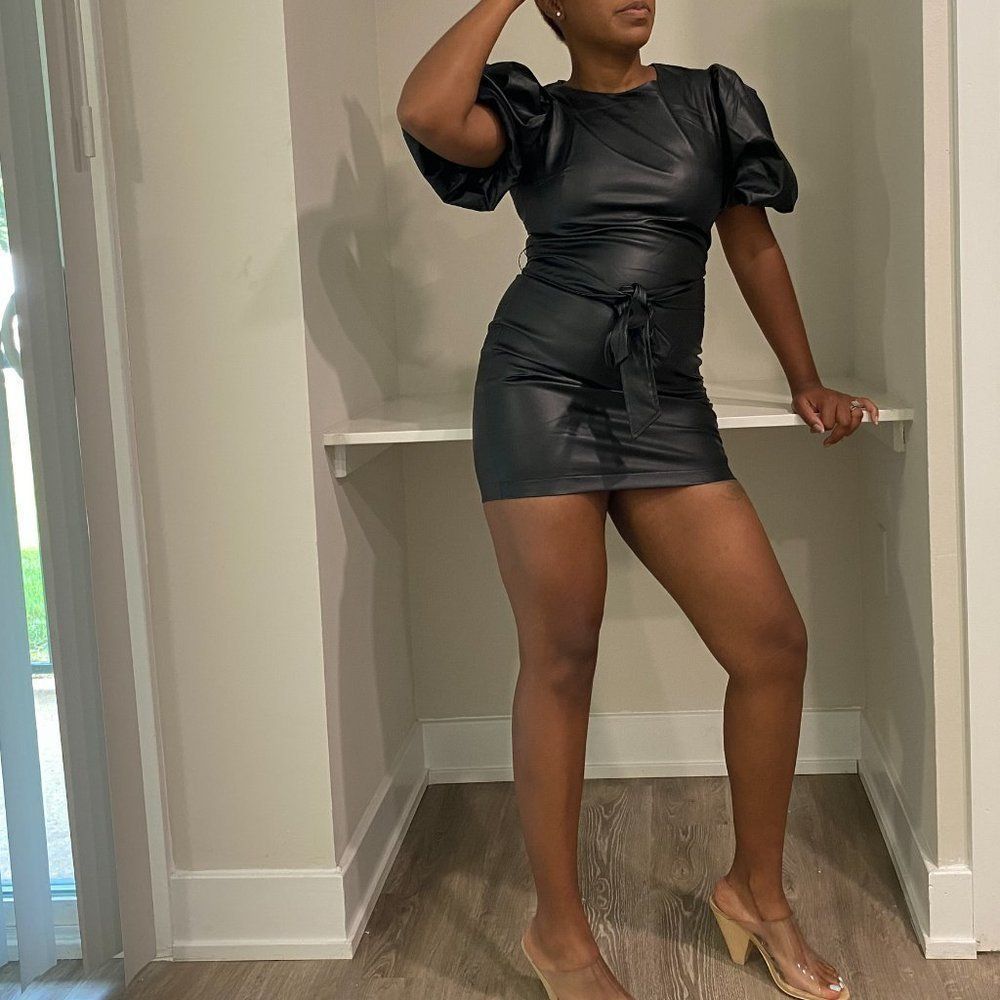 Faux Leather Mini Dress with puff sleeves​